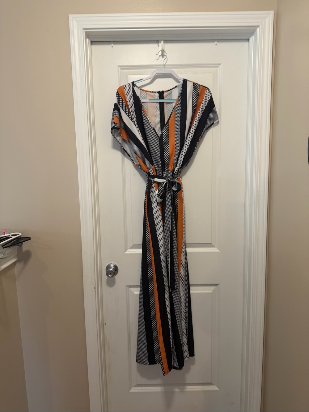 Striped V-Neck Wrap jumpsuit in Black, White & Orange